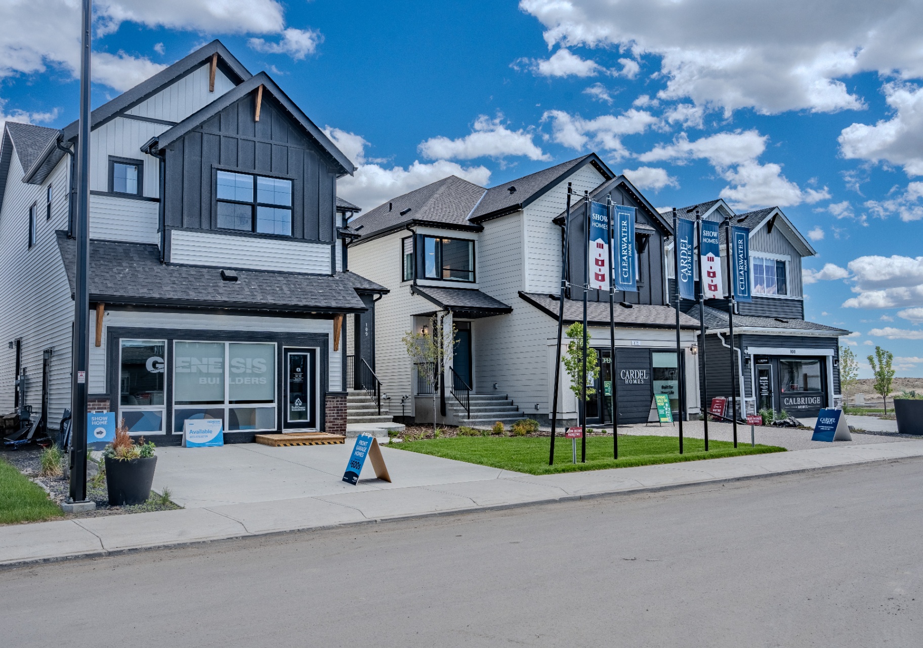 Row of Clearwater Park showhomes with banners