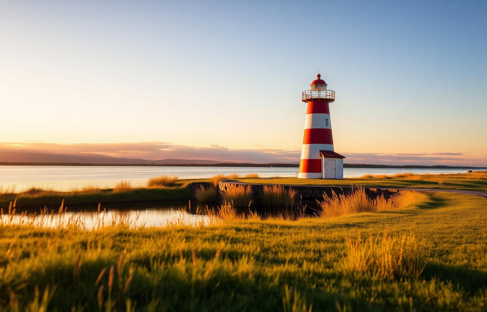The Clearwater Park lighthouse at golden hour above the lake